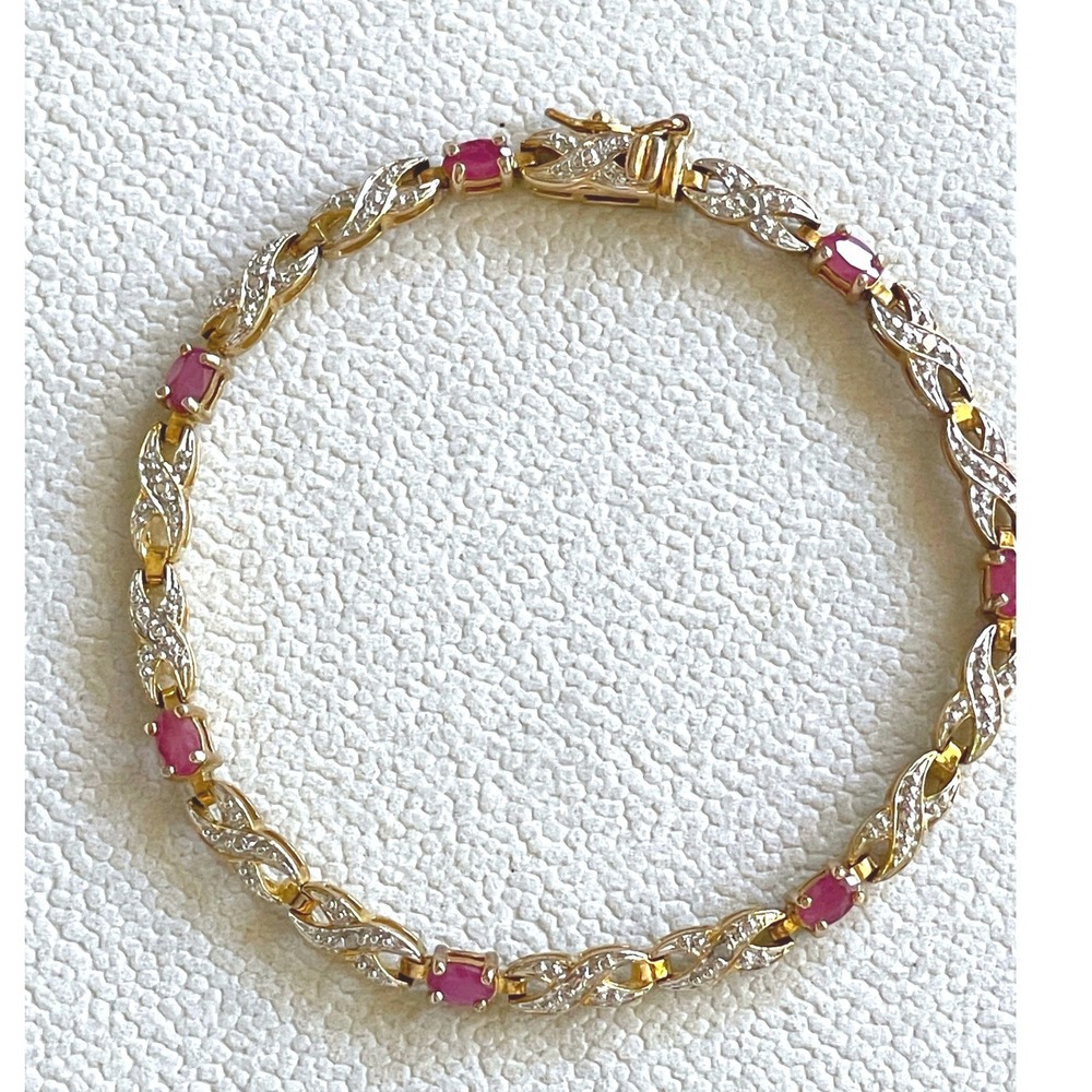 Vintage Ross-Simons 925 Sterling Silver Ruby Diamond Gold Tone Bracelet 7" 9g